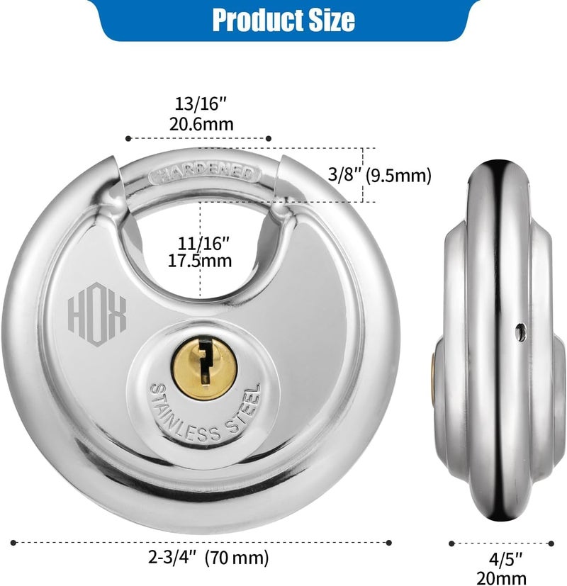 HOX Keyed Disc Padlock, Stainless Steel Keyed-Alike Padlocks, 4-Pack Heavy Duty Locks, Waterproof Outdoors Lock with 3/8 Inch Shackle, 2-3/4 Inch Wide Body, for Hasp Latch, Fences, Storage Locker - Image 3